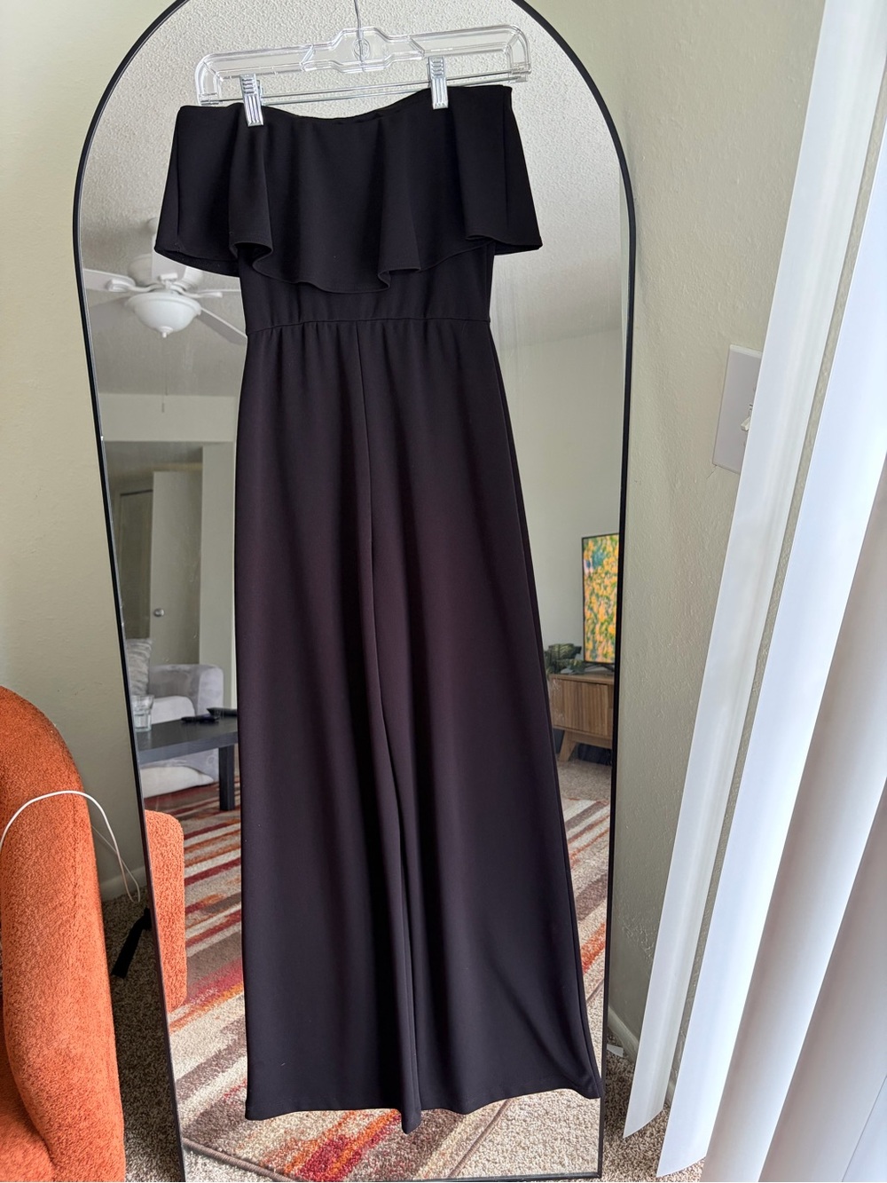 GUESS Off-Shoulder Black Jumpsuit with Ruffle